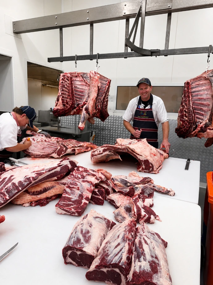 butcher, boning, carcass, beef, team